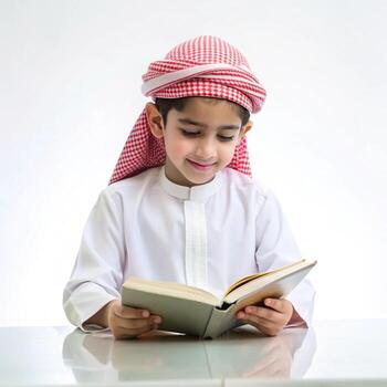 Child writing Arabic lessons at a desk during an online class